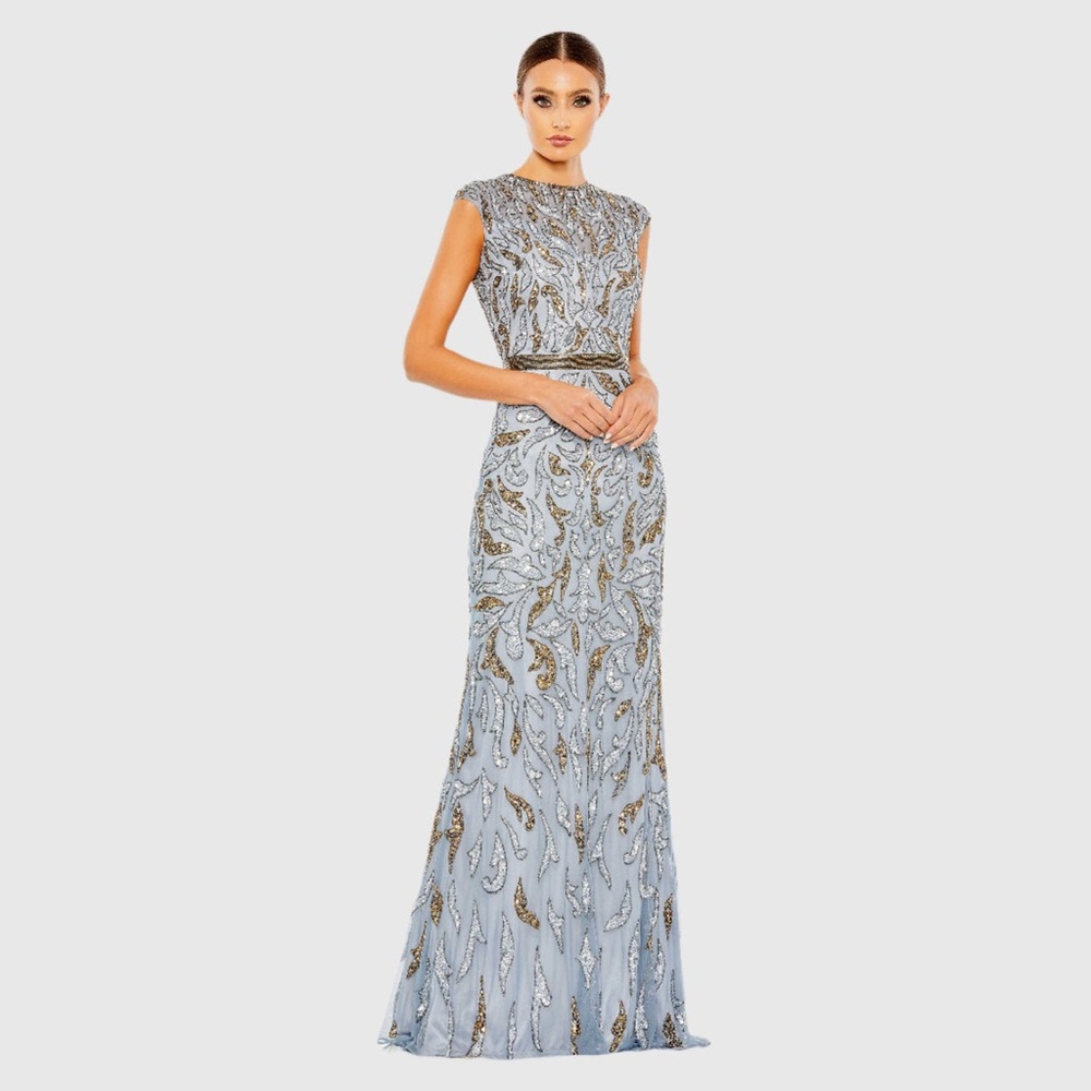 Mac Duggal Blue and Gold Embellished Illusion Cap Sleeve Column Gown